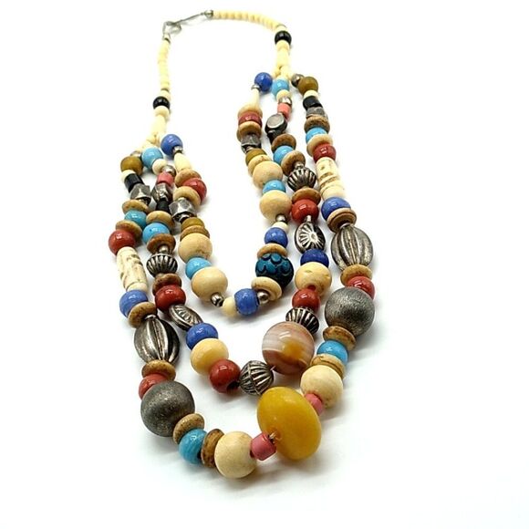 Statement Necklace 3 Strand  Nickle-free Metal, Resin, Glass and Wood beads 18" - Picture 3 of 9